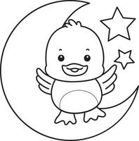 Outline of duck stand up in the moon. Coloring pages of Funny baby Duck animal series. vector