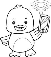 Outline of duck bring a phone. Coloring pages of Funny baby Duck animal series. vector