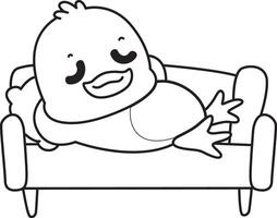 Outline of duck laying in the couch. Coloring pages of Funny baby Duck animal series. vector