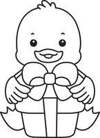 Outline of duck bring a birthday gift. Coloring pages of Funny baby Duck animal series. vector