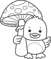 Outline of duck bring a mushroom. Coloring pages of Funny baby Duck animal series. vector