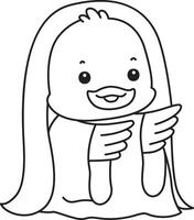 Outline of duck with long hair and white ghost costume. Coloring pages of Funny baby Duck animal series.Coloring pages of Funny baby Duck animal series. vector