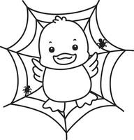 Outline of duck is stuck in the spider web. Coloring pages of Funny baby Duck animal series. vector