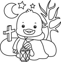 Outline of duck wearing a hoodie in the grave.Coloring pages of Funny baby Duck animal series. vector