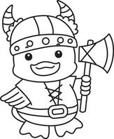 Outline of duck wearing a viking costume. Coloring pages of Funny baby Duck animal series. vector