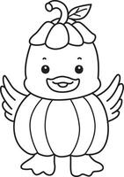 Outline of duck wearing a pumpkin costume. Coloring pages of Funny baby Duck animal series. vector