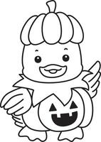 Outline of duck wearing a pumpkin costume in halloween. Coloring pages of Funny baby Duck animal series. vector