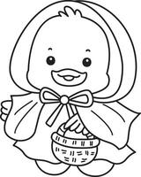 Outline of duck wearing a red riding hood costume. Coloring pages of Funny baby Duck animal series. vector