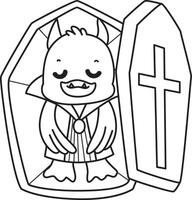 Outline of vampire duck sleeping in the coffin. Coloring pages of Funny baby Duck animal series. vector