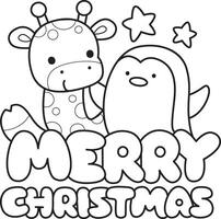 Outline of santa giraffe with merry christmas text. Coloring pages of cute giraffe. vector