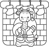 Outline of santa giraffe arrive in the fire place. Coloring pages of cute giraffe. vector