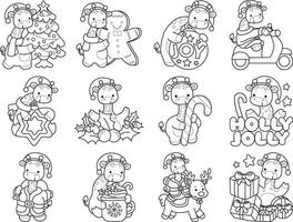 Outline of santa giraffe in the variation of christmas costume. Coloring pages of cute giraffe. vector