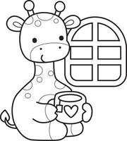 Outline of giraffe enjoy with hot tea. Coloring pages of cute giraffe. vector