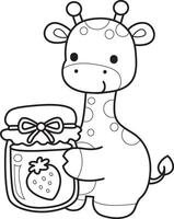 Outline of giraffe bring a strawberry jam. Coloring pages of cute giraffe. vector