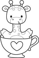 Outline of giraffe stuck in the cup of tea Coloring pages of cute giraffe. vector