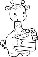 Outline of giraffe bring a strawberry cake. Coloring pages of cute giraffe. vector