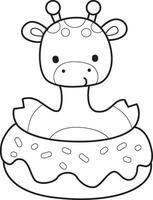 Outline of giraffe stuck in the doughnut. Coloring pages of cute giraffe. vector