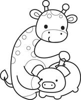 Outline of giraffe savings money in the piggy bank. Coloring pages of cute giraffe. vector
