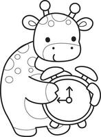 Outline of giraffe bring an alarm clock. Coloring pages of cute giraffe. vector