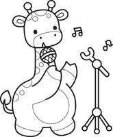 Outline of giraffe sing a song with microphone. Coloring pages of cute giraffe. vector