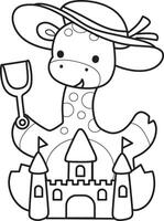 Outline of giraffe playing a sand castle. Coloring pages of cute giraffe. vector