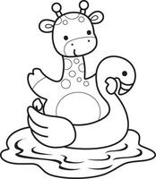 Outline of giraffe swimming with flamingo tire. Coloring pages of cute giraffe. vector
