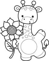 Outline of giraffe bring a sun flower. Coloring pages of cute giraffe. vector