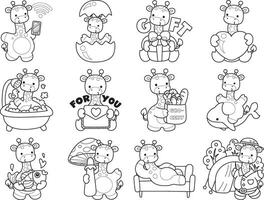 Outline of giraffe in the variation of daily life. Coloring pages of cute giraffe. vector