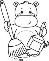 Outline of hippo bring a broom and duster. Coloring pages of cute hippo icon. vector