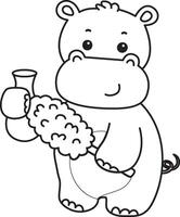 Outline of hippo cleaning the vase with feather duster. Coloring pages of cute hippo icon. vector