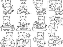 Outline of hippo in the variation of chores and laundry. Coloring pages of cute hippo icon. vector