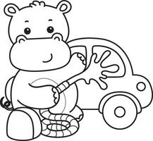 Outline of hippo washing a car. Coloring pages of cute hippo icon. vector