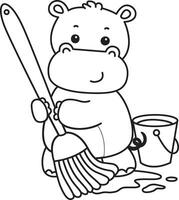 Outline of hippo cleaning the floor with mop. Coloring pages of cute hippo icon. vector