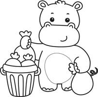 Outline of hippo throw the garbage into its place. Coloring pages of cute hippo icon. vector