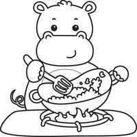 Outline of hippo cooking a fried rice. Coloring pages of cute hippo icon. vector
