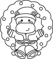 Outline of santa hippo in the middle of door decoration. Coloring pages of cute hippo icon. vector