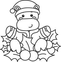 outline of santa hippo in the middle of cherry. Coloring pages of cute hippo icon. vector