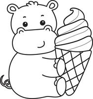Outline of hippo bring a strawberry ice cream. Coloring pages of cute hippo icon. vector