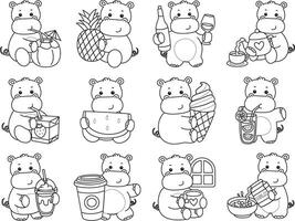 Outline of hippo in the variation of drink and beverage. Coloring pages of cute hippo icon. vector