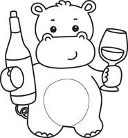 Outline of hippo drinking a wine. Coloring pages of cute hippo icon. vector
