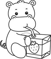 Outline of hippo drinking a strawberry milk. Coloring pages of cute hippo icon. vector