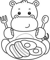 Outline of hippo want to eating bacon and eggs. Coloring pages of cute hippo icon. vector