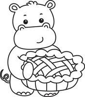 Outline of hippo bring a pie cherry. Coloring pages of cute hippo icon. vector