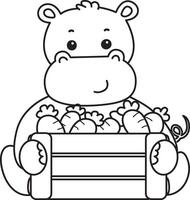 Outline of hippo bring a carrots. Coloring pages of cute hippo icon. vector
