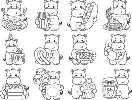 Outline of hippo with variation of junk food and snack. Coloring pages of cute hippo icon. vector