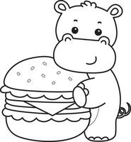 Outline of hippo bring a burger. Coloring pages of cute hippo icon. vector