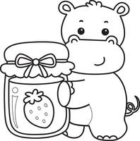 Outline of hippo bring a strawberry jam. Coloring pages of cute hippo icon. vector