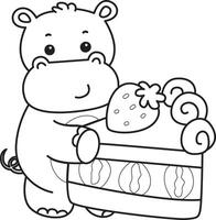 Outline of hippo brng a strawberry cake. Coloring pages of cute hippo icon. vector