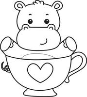 Outline of hippo stuck in the cup of tea. Coloring pages of cute hippo icon. vector