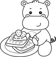 Outline of hippo bring a strawberry bread. Coloring pages of cute hippo icon. vector